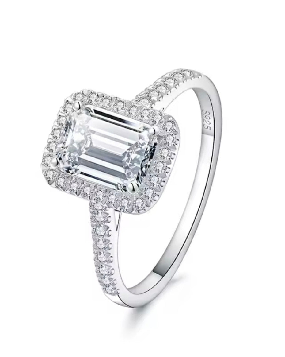 Silver Emerald Moissanite Ring